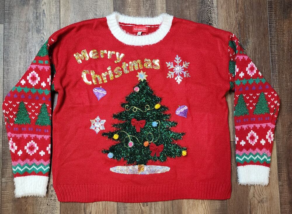 Blizzard Bay Unisex Large Ugly Christmas Sweater Red Christmas Tree Sparkly